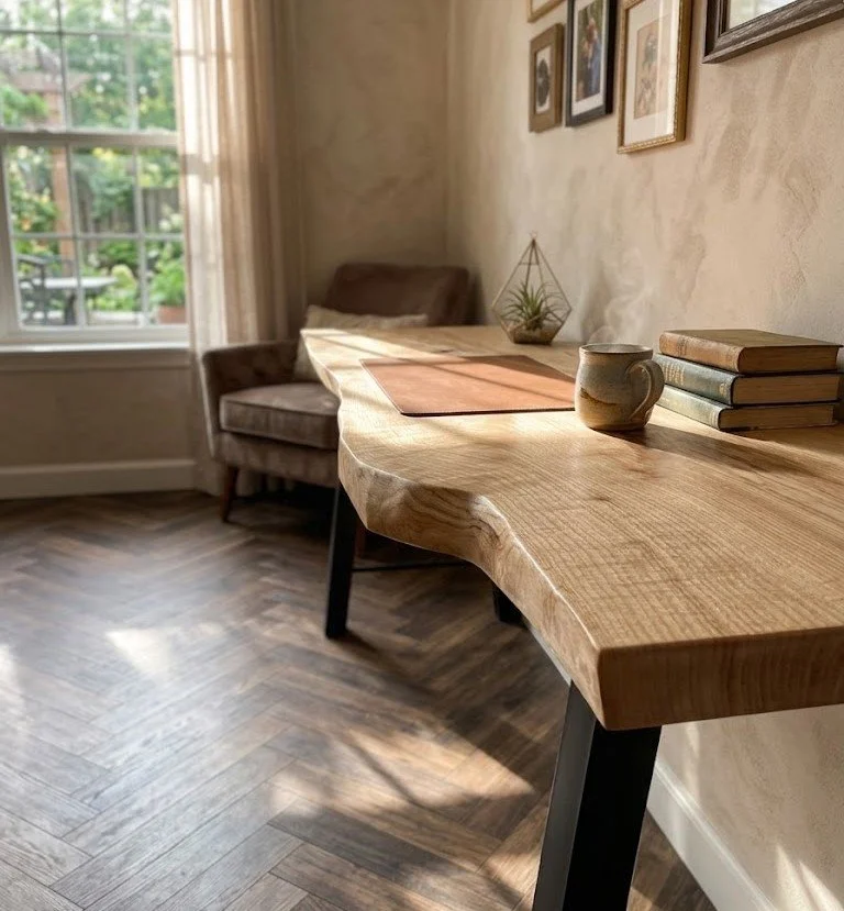 Handcrafted live edge ash desk with metal legs and close-to-the-wood hand rubbed finish. 