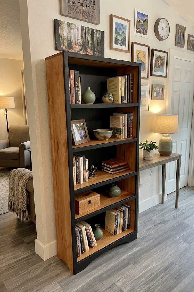 Handcrafted natural cherry and black oak frame bookshelf with adjustable shelves. 