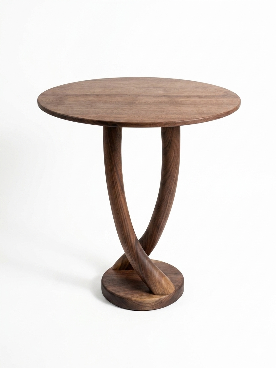 Side table with two twisted intertwining  pedestals solid walnut handcrafted.png