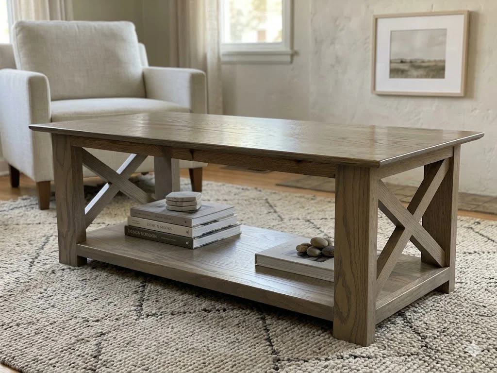 Gray red oak farmhouse style coffee table with cross ends and bottom shelf and a satin finish. 