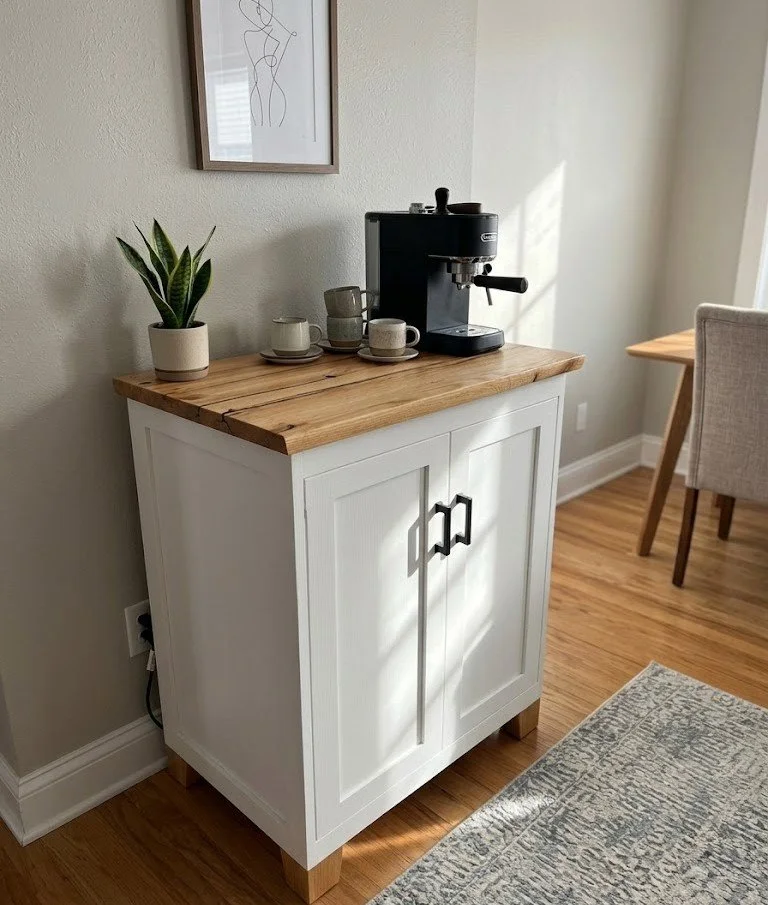 Custom free-standing white coffee bar cabinet with natural red oak wood table top.