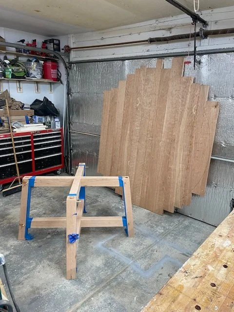 Solid cherry round dining table under construction. 