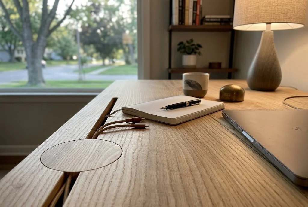 Integrated cable management on solid ash live edge desk. 