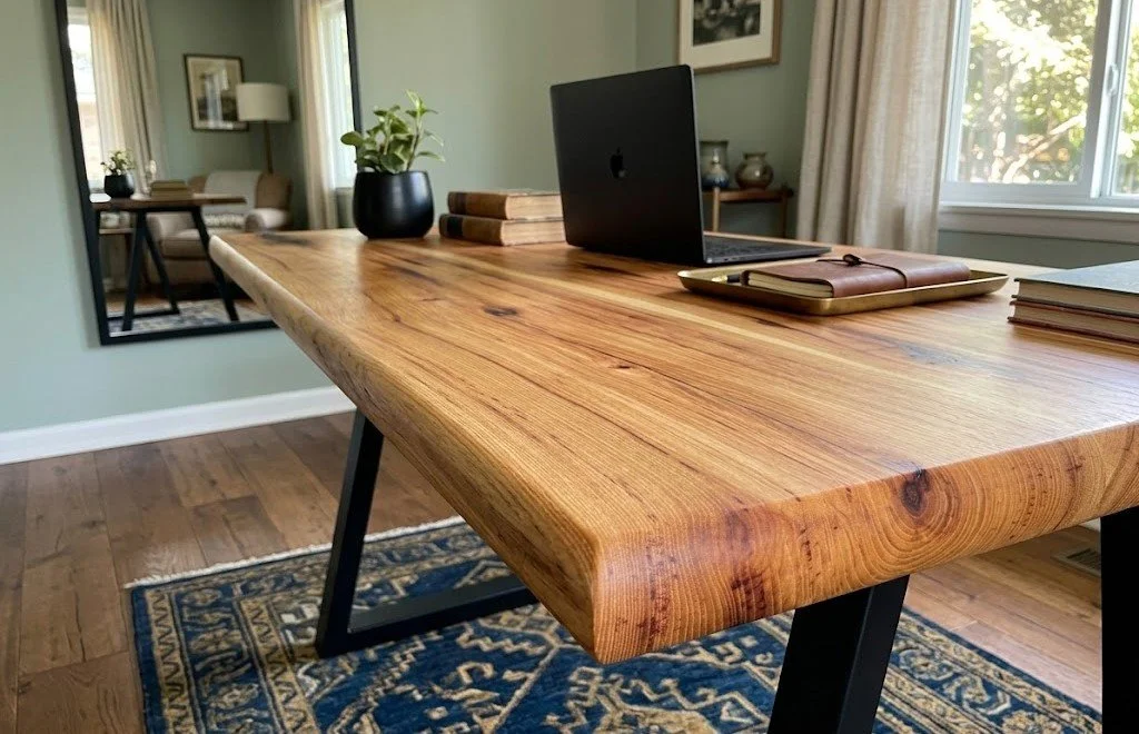 Handcrafted simple rustic modern hickory wood desk with angled metal legs. 