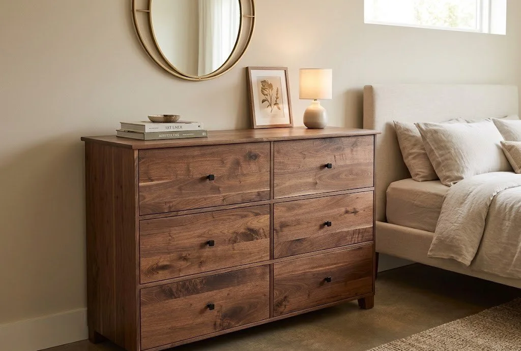 Modern handcrafted solid walnut 6 drawer dresser. 