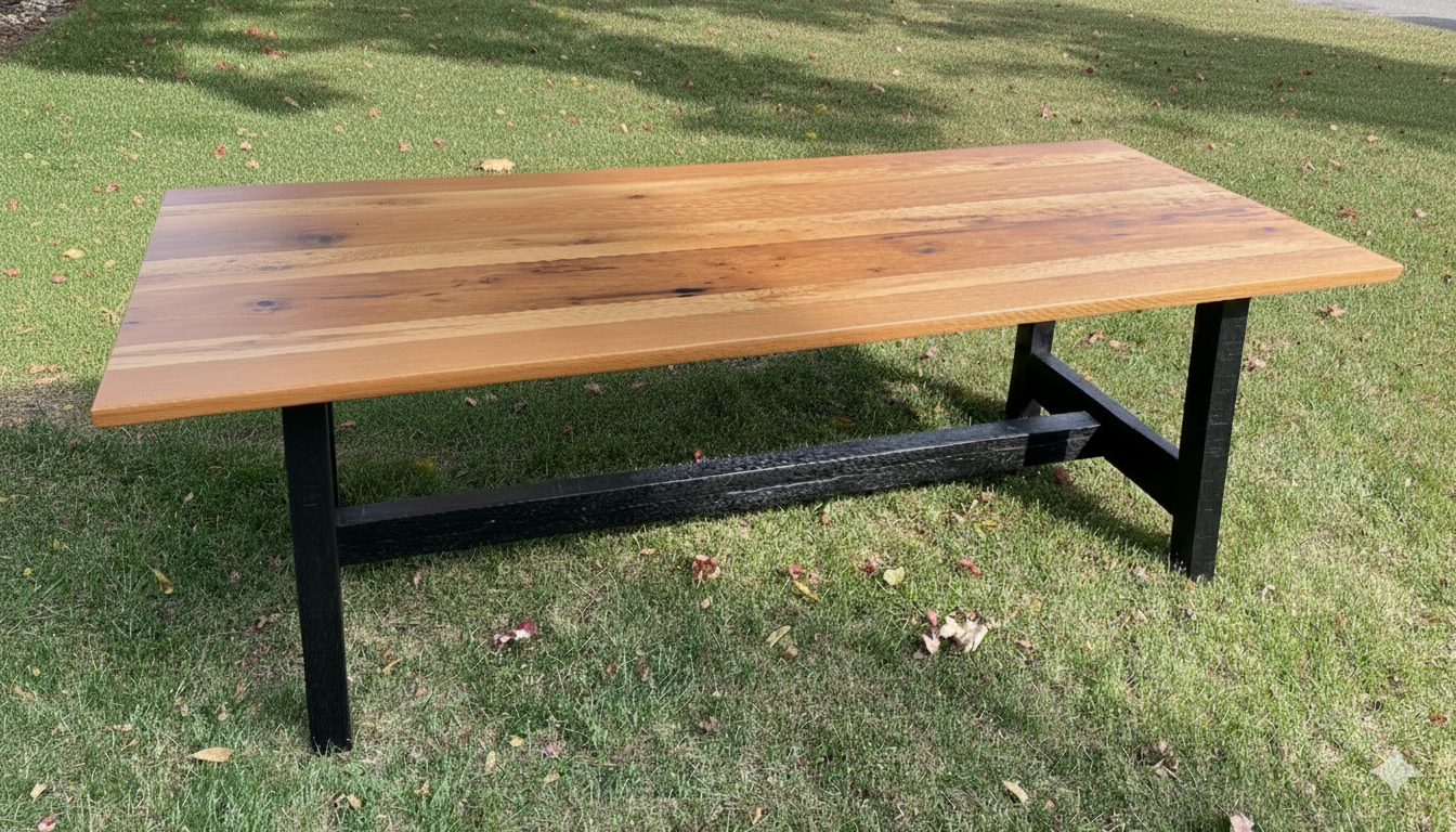 A custom white oak wooden table with a natural wood finish and black legs.