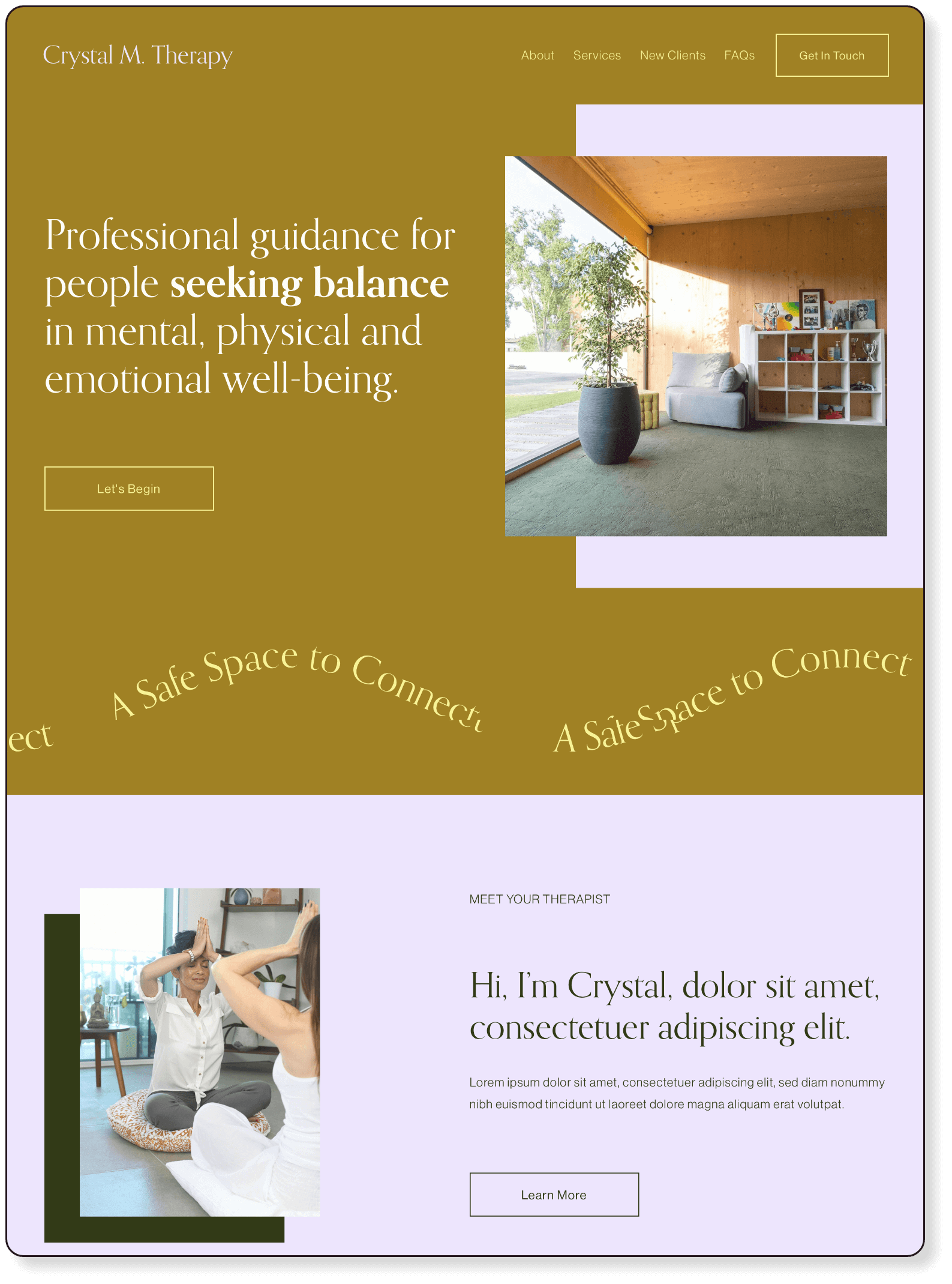therapist website design with gold and bright purple