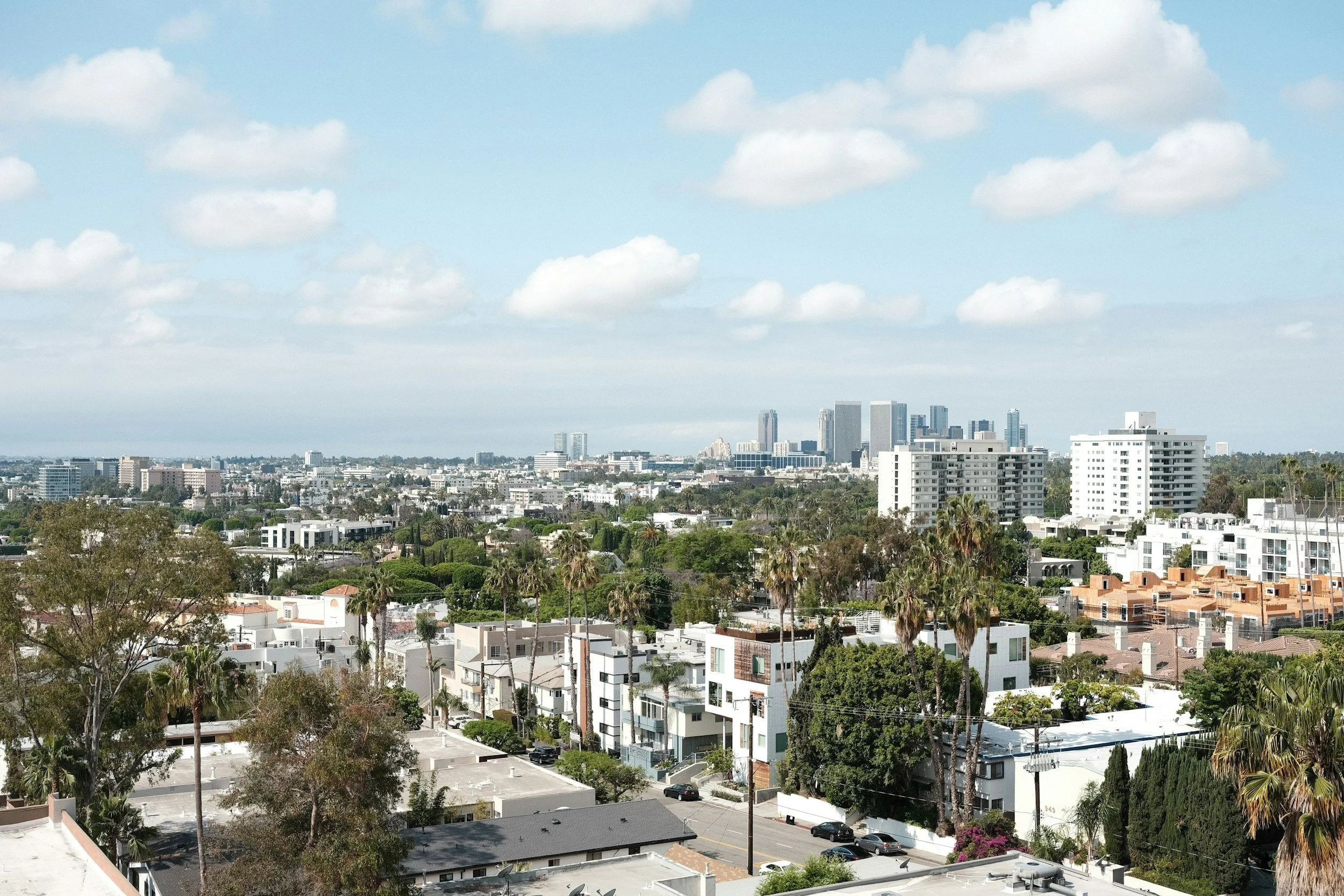 A cityscape with mid-rise and high-rise buildings, palm trees, and partly cloudy sky.