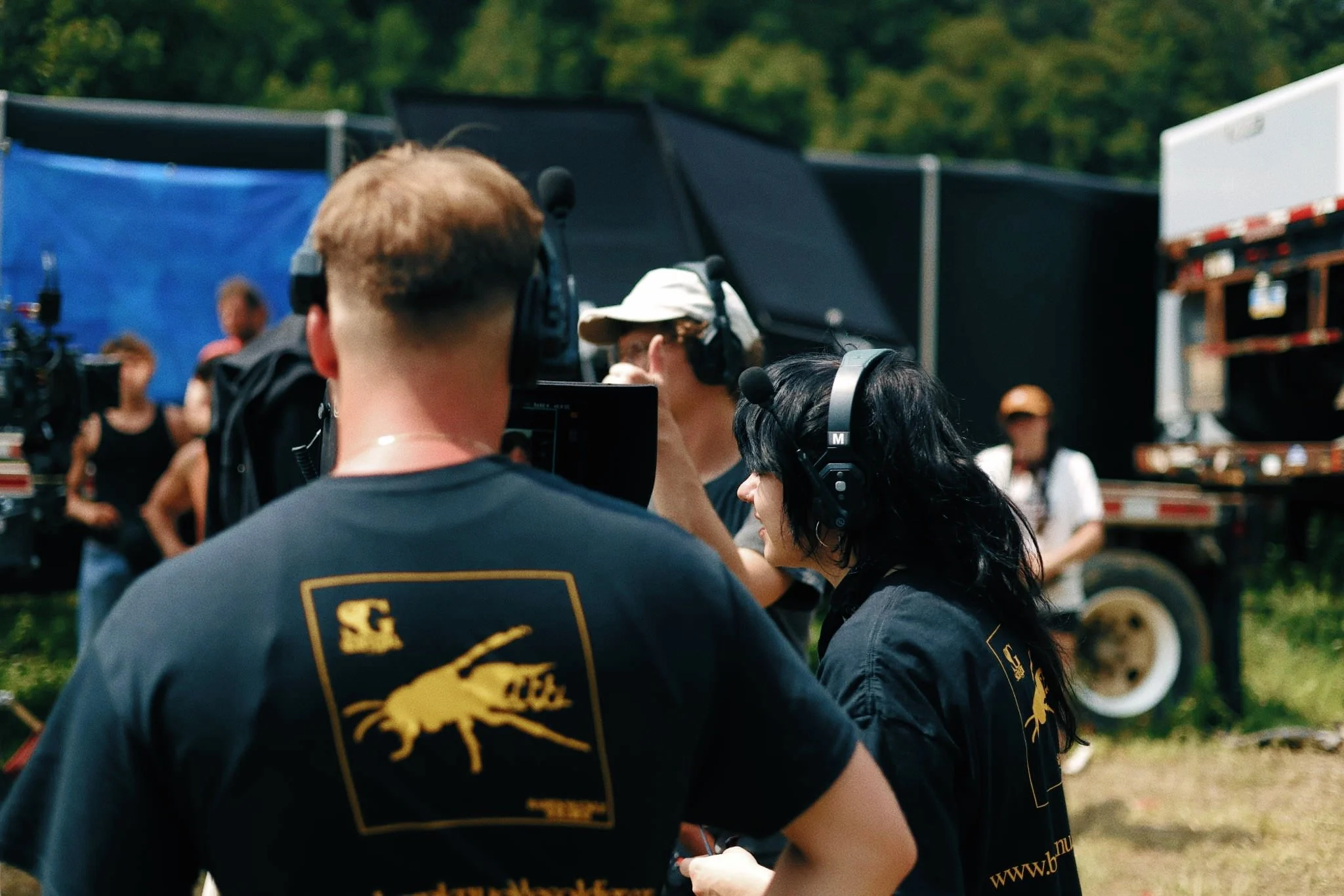 Director Constantine Kontos & Melanie Skoupil watching monitor.