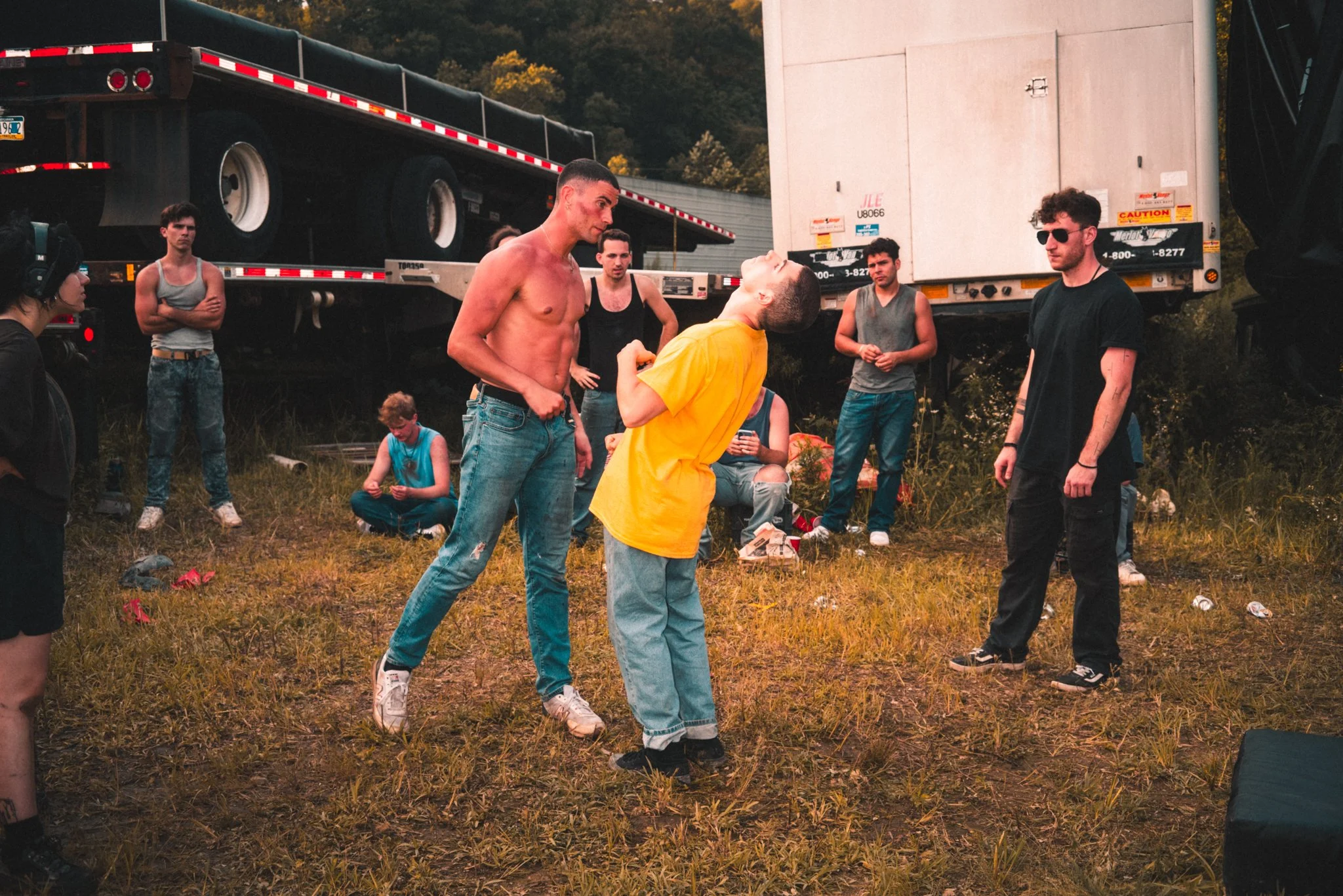 Stunt Coordinator Umi (RIGHT), running through a rehearsal of the stunt, for the rest of the crew. 