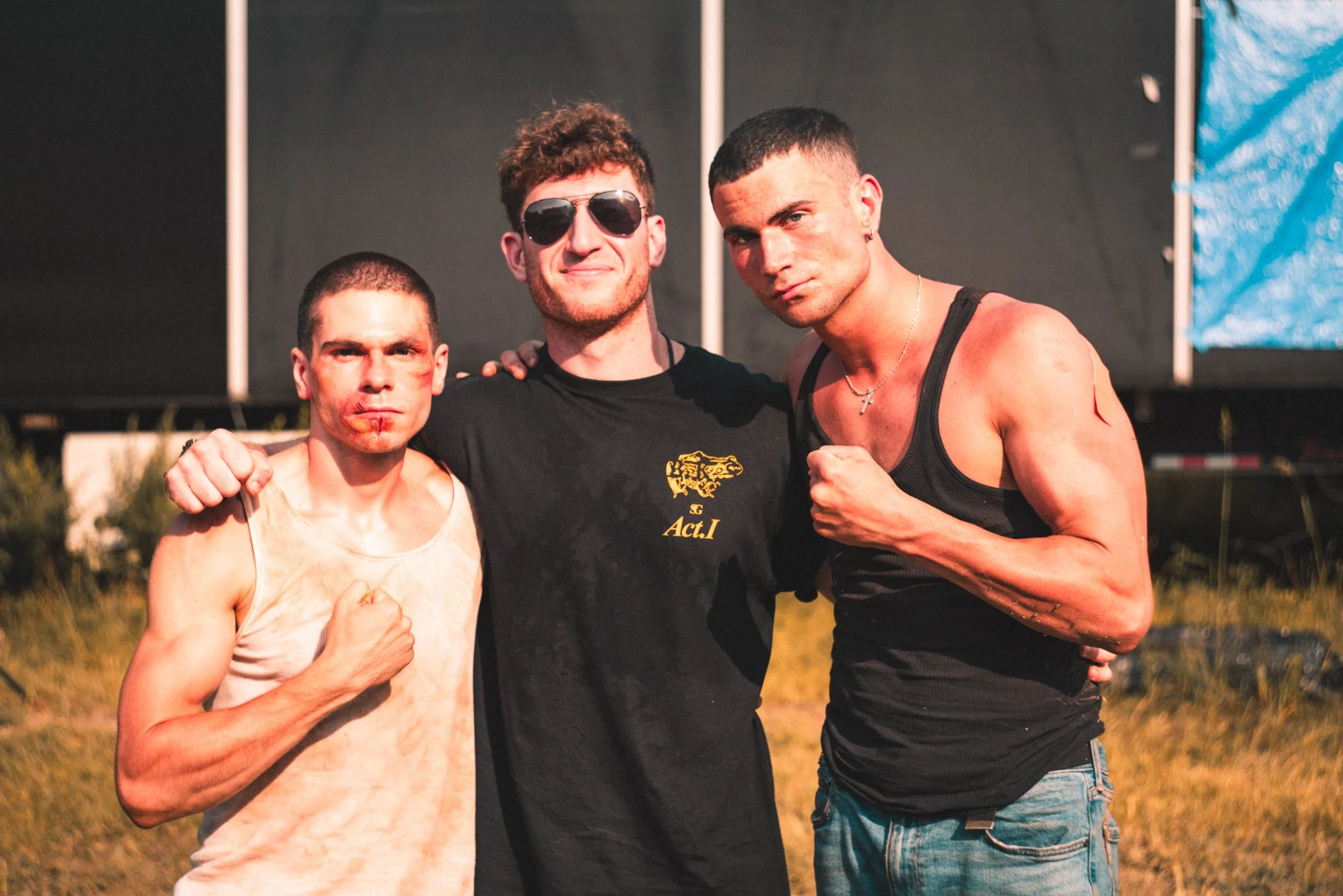 Stunt Coordinator Umi (CENTER), w/ actors, Nicholas Ceniti (LEFT) & Elijah Santoro (RIGHT) after a successful stunt. 