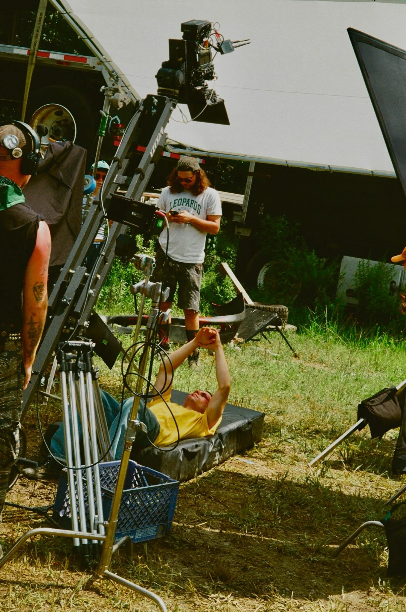 Nicholas Ceniti rehearsing falling stunt, as Key Grip Ethan Brown practices Jib movement.
