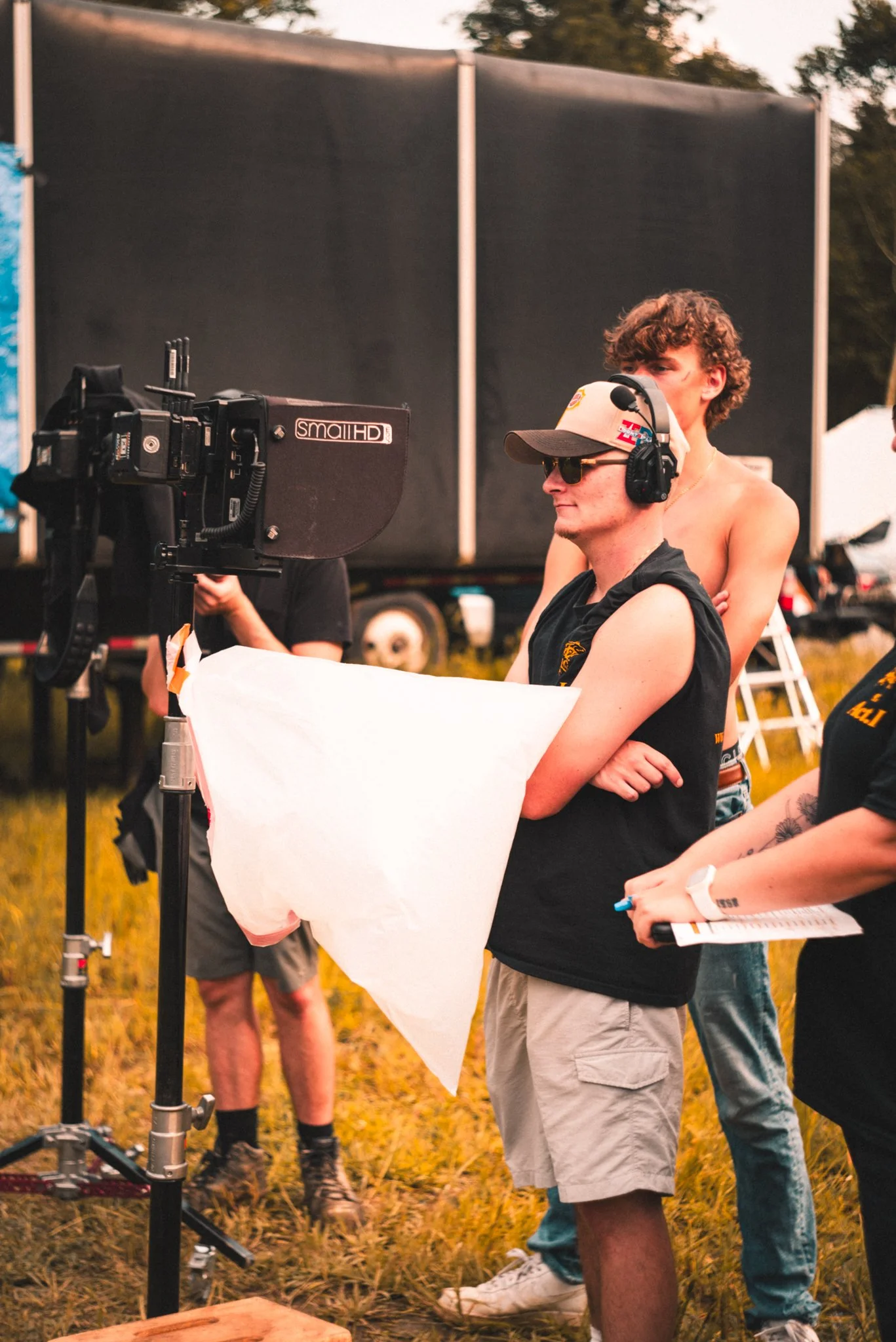 Director Constantine Kontos & Actor Chris Freund watching monitor.