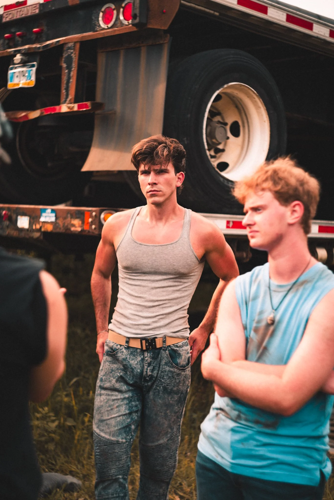 Actor Justin Stanek (CENTER) receiving notes, in-between takes. 