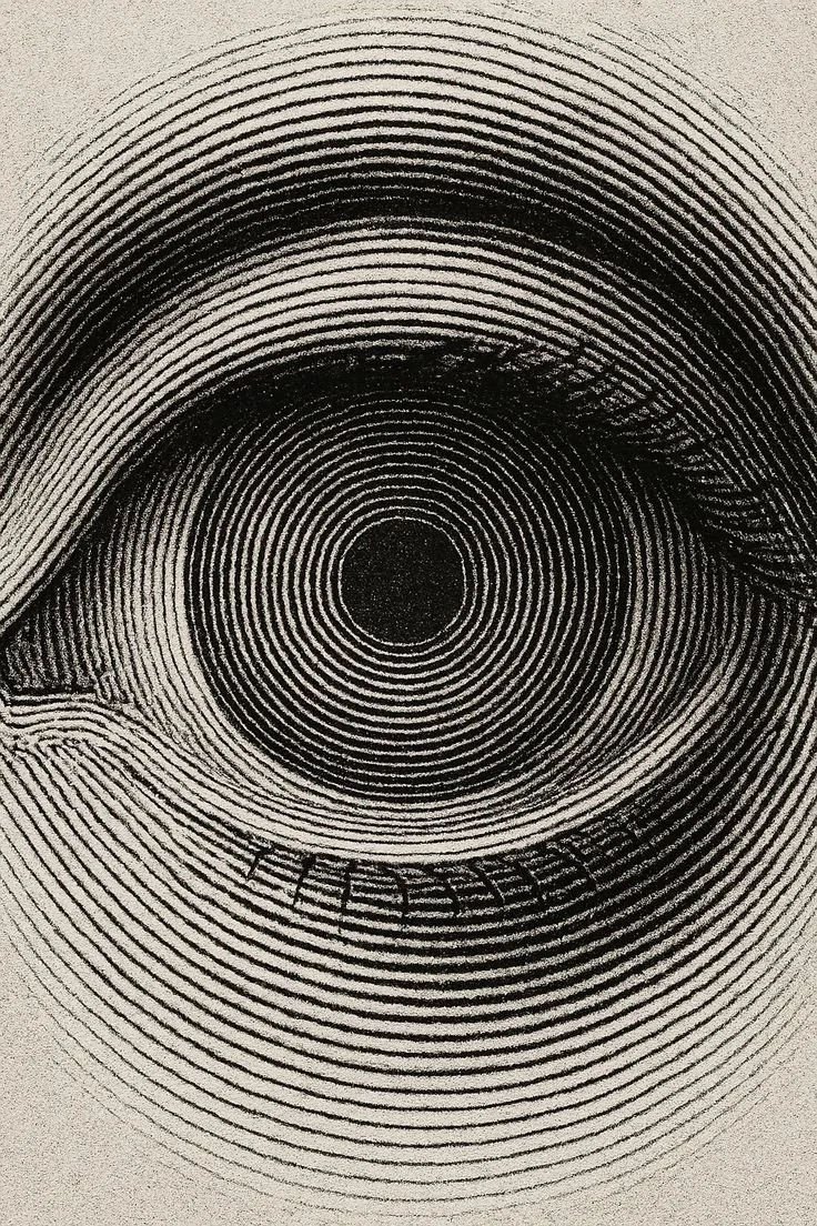 Black and white illustration of an eye with concentric circles radiating outward from the iris.