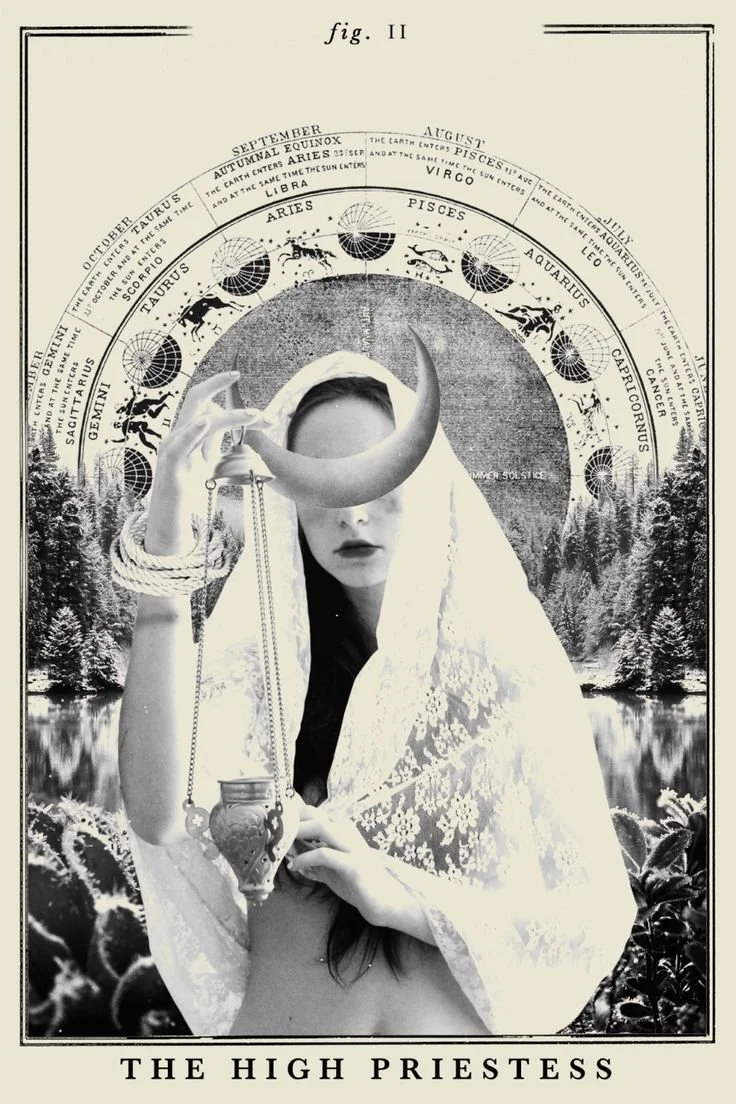 A woman dressed as a high priestess holding a crescent moon and a lantern, with zodiac constellations and astrology symbols in the background, labeled 'The High Priestess'.