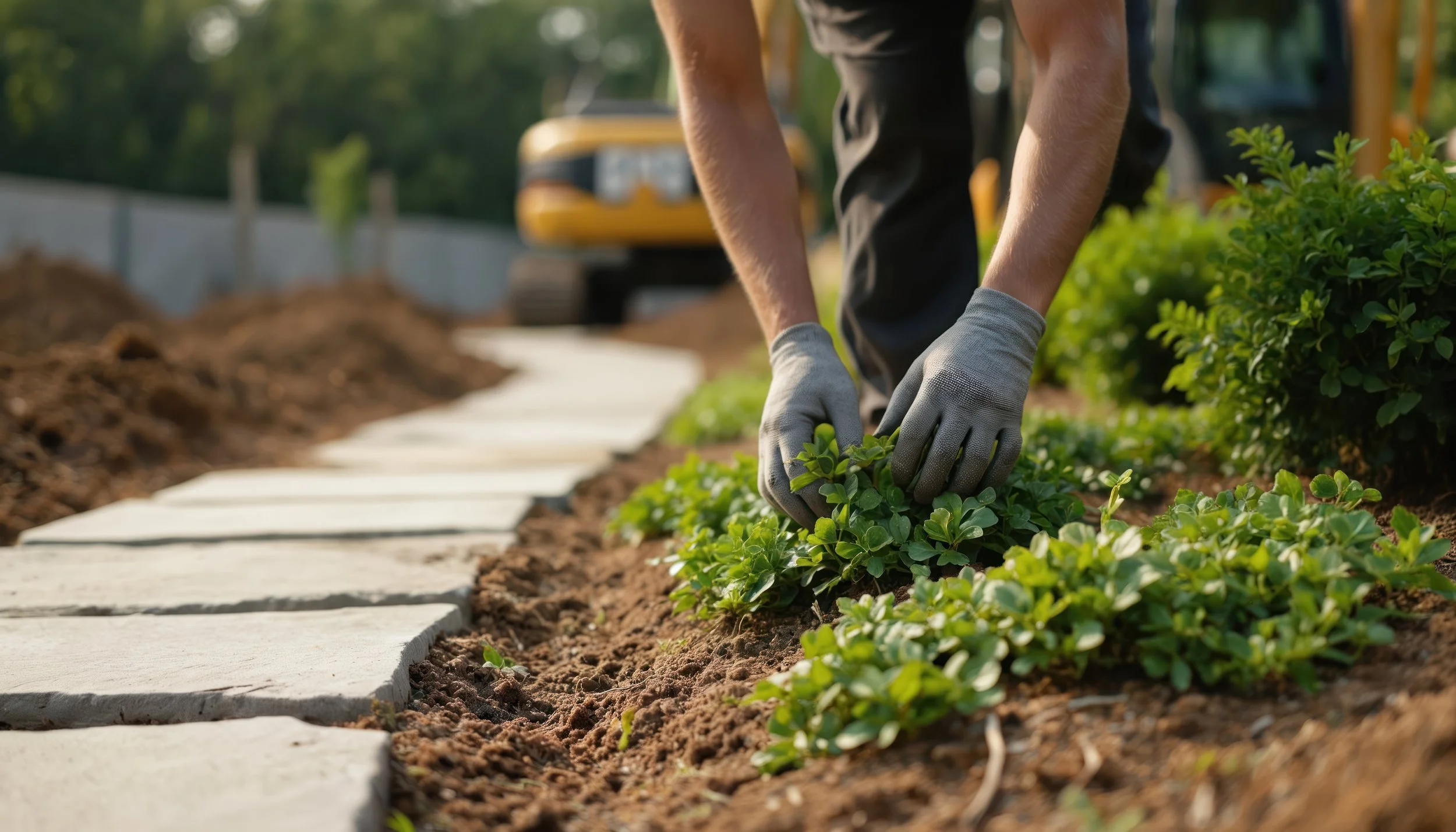 Northmark crew planting shrubs and installing landscape enhancements along a walkway with stepping stones on a maintained property.