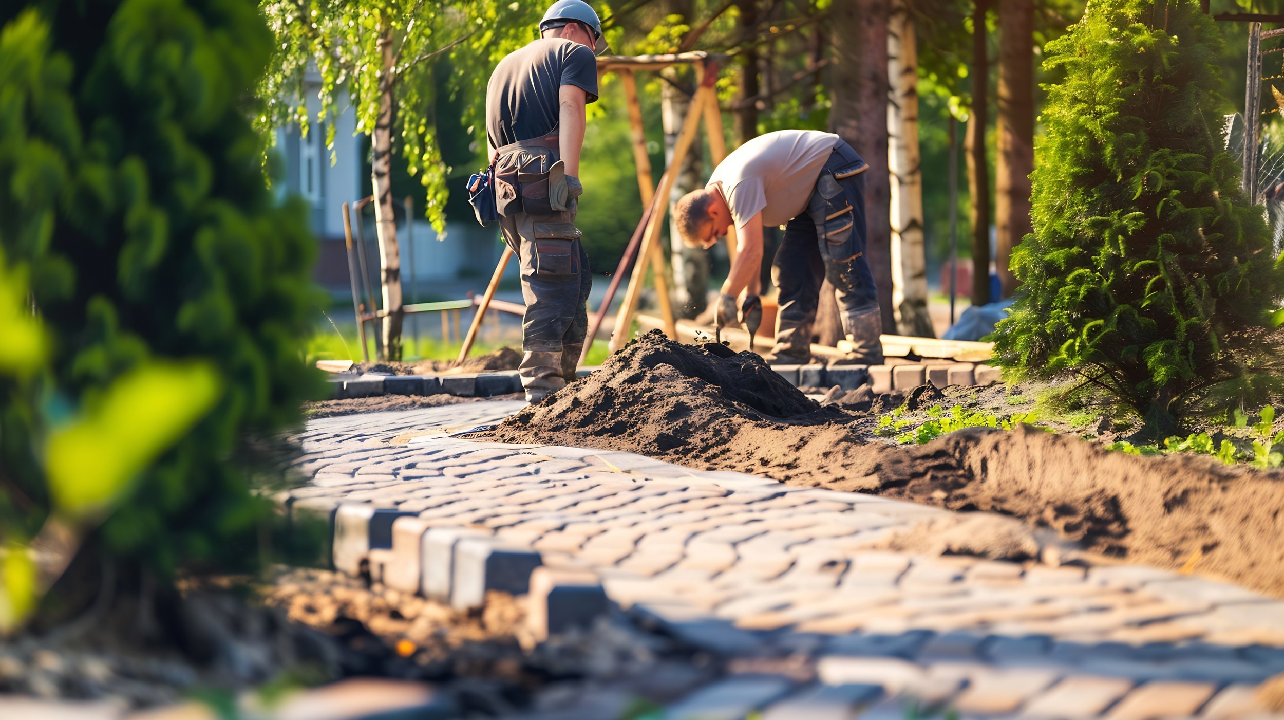 Northmark crew installing paver stones for a durable, well-designed walkway in a landscaped commercial property.