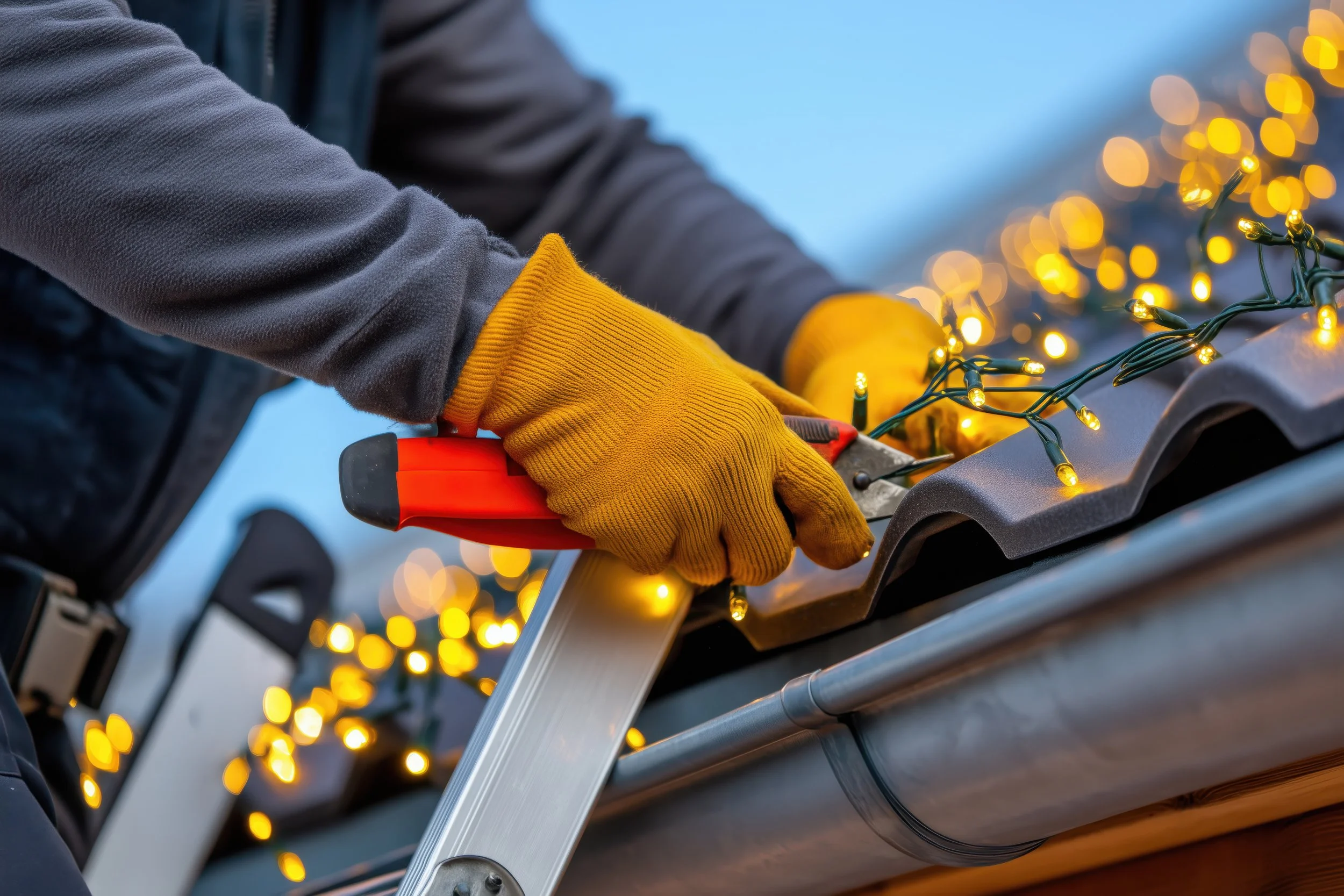 Northmark team member installing professional Christmas lights on a roof for seasonal holiday lighting services.