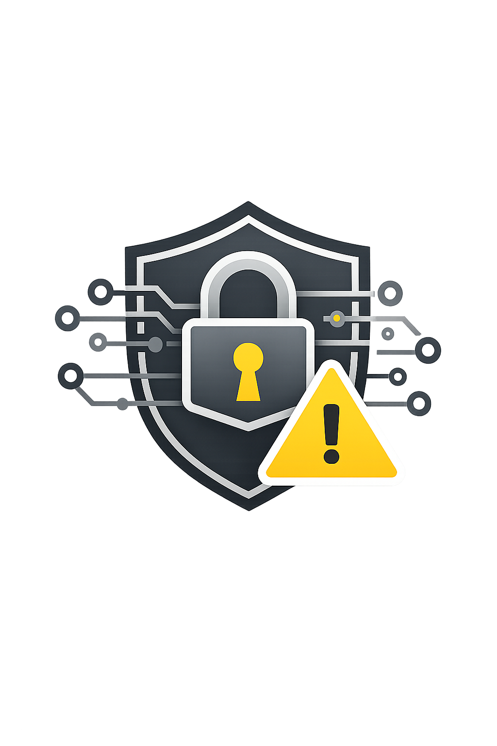 A digital illustration showing a security shield with a keyhole, an exclamation mark, and a warning triangle, symbolizing cybersecurity threats or alerts, with a dark background and red and purple lights.