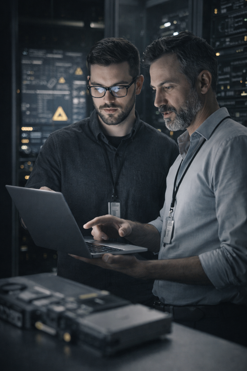 Two men working together in a data center or server room, looking at a laptop.
