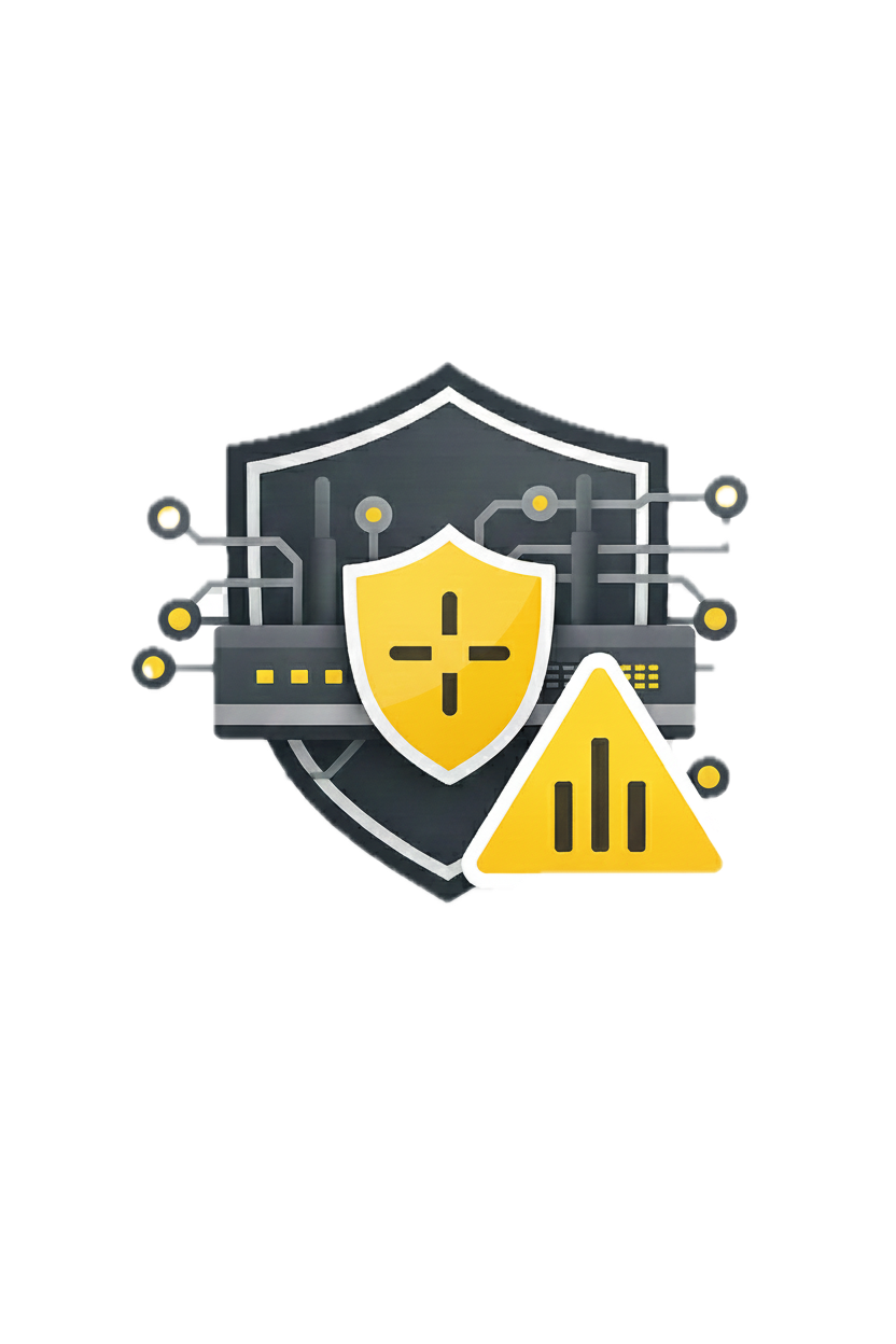 An illustration of cybersecurity protection, featuring a shield with a plus sign, a shield with a bar chart, and interconnected nodes representing data security.