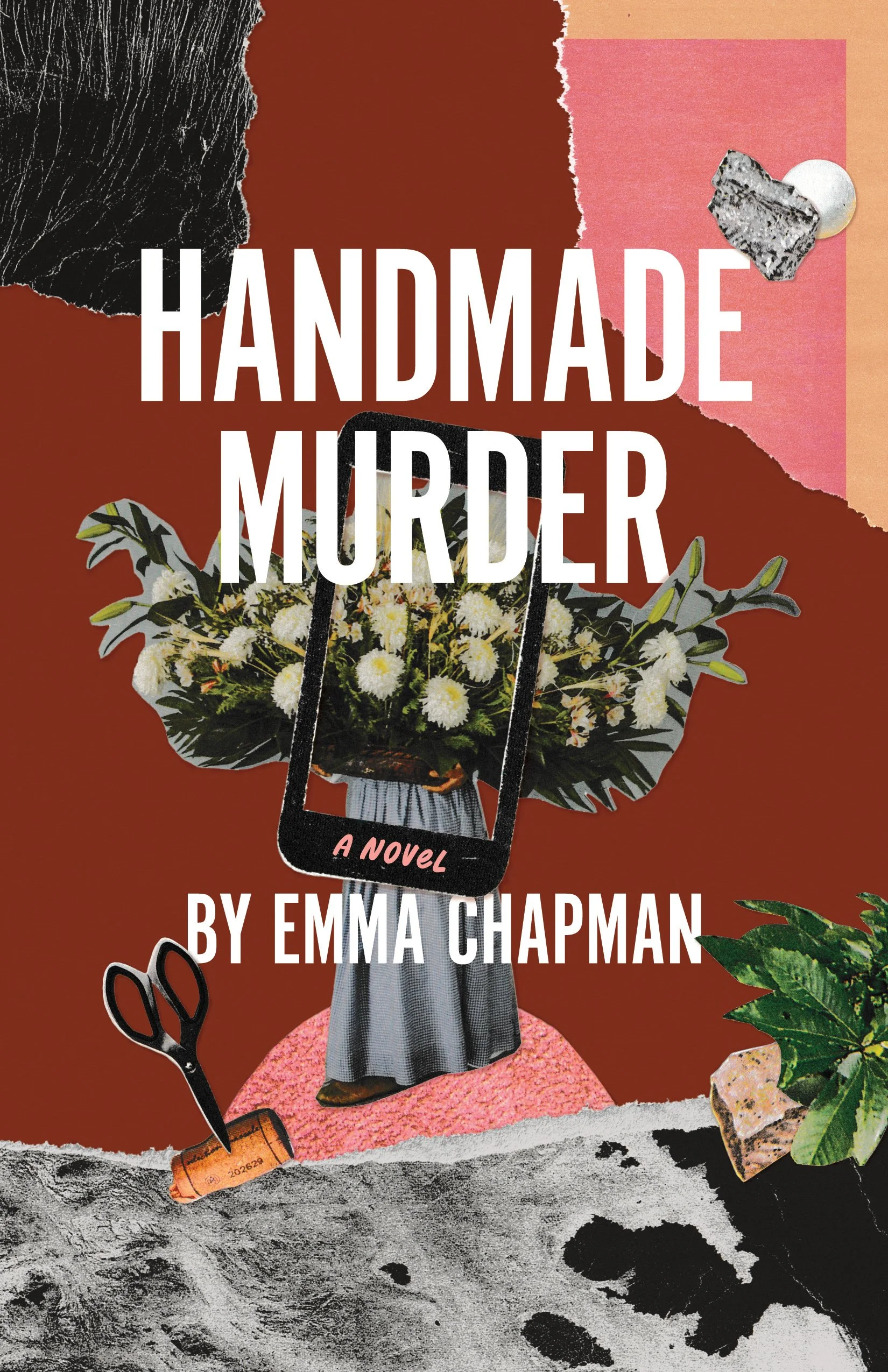 Cover of a book titled 'Handmade Murder' by Emma Chapman, featuring collage-style artwork of a woman with a floral bouquet for a head, scissors, and abstract torn paper textures.