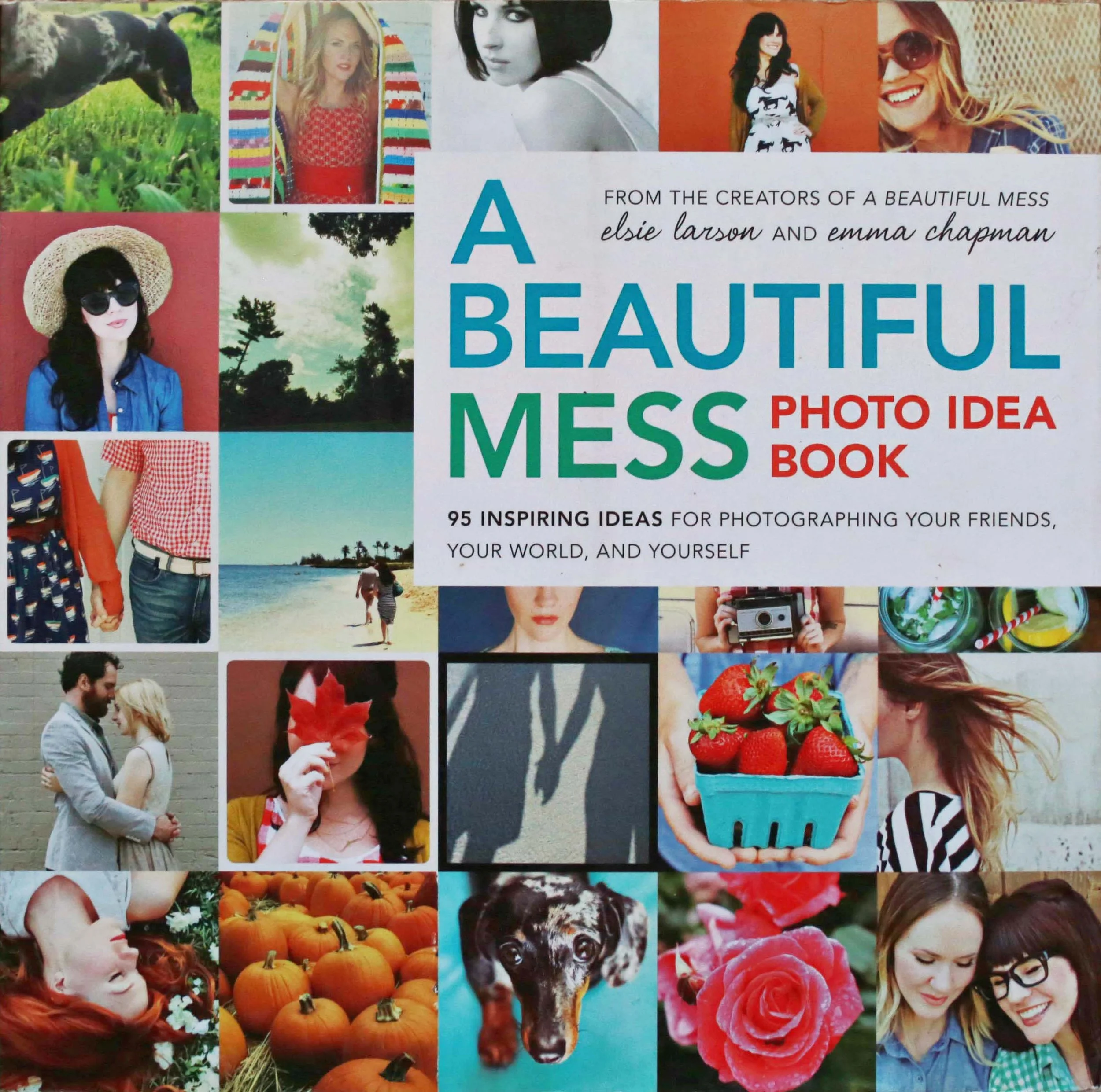 Collage of various photographs surrounding the title of the book 'A Beautiful Mess Photo Idea Book' by Elsie Larson and Emma Chapman, including images of people, nature, a puppy, pumpkins, and flowers.