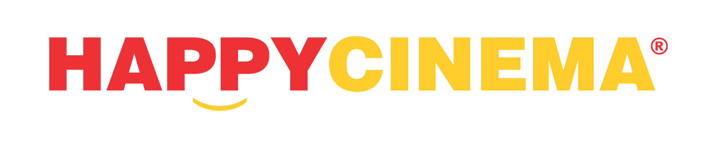 Logo for Happy Cinema with the text 'HAPPY' in red, a yellow smiley face under 'HAPPY', 'CINEMA' in yellow, and a registered trademark symbol.