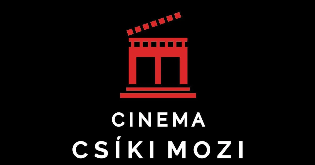 A black background with a red simplified icon of a movie theater with a partially opened slanted roof. Below the icon, there is white text that reads "CINEMA Csíki Mozi."
