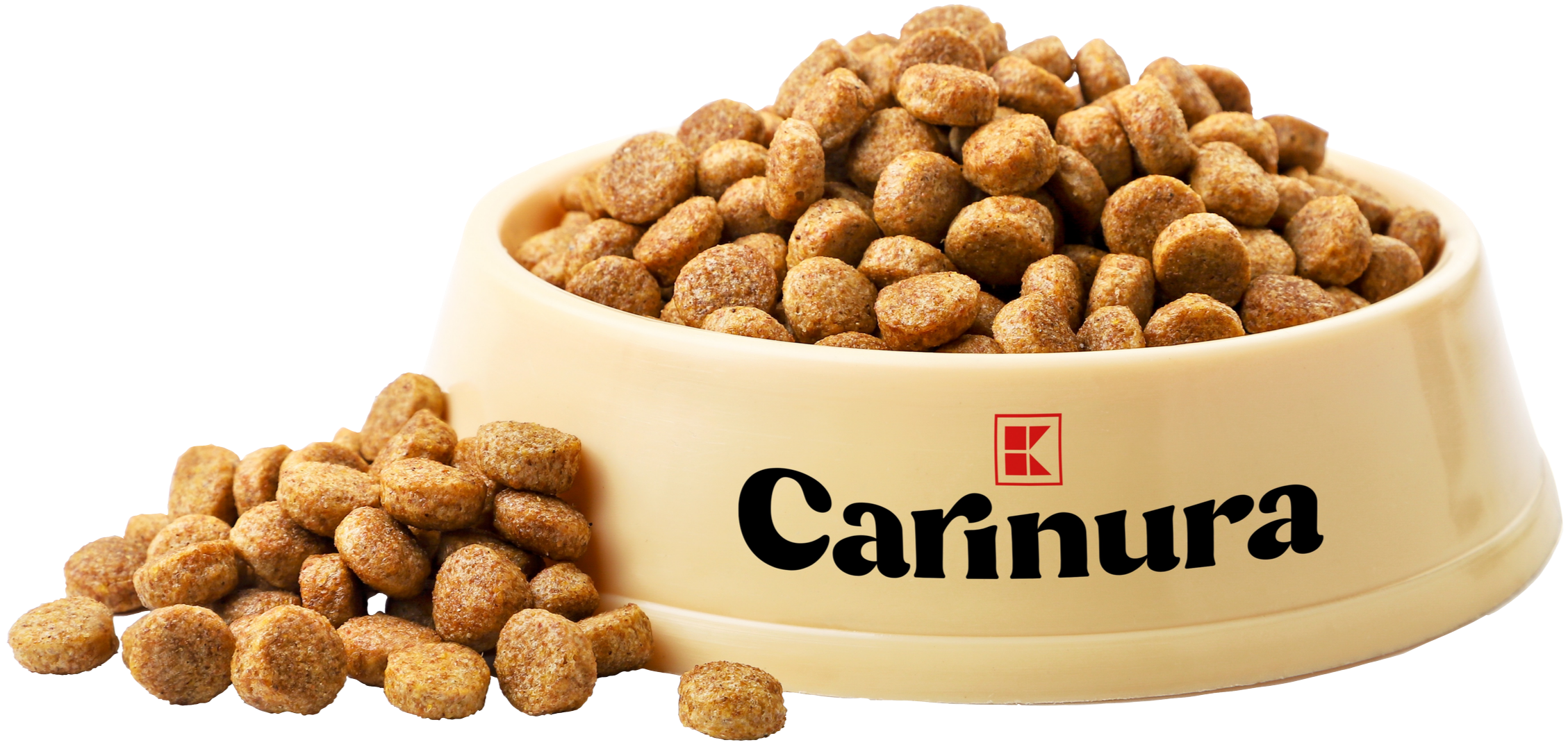 A beige container with the word "Carmura" on it filled with dry pet food kibble and some kibble spilled outside of the container.