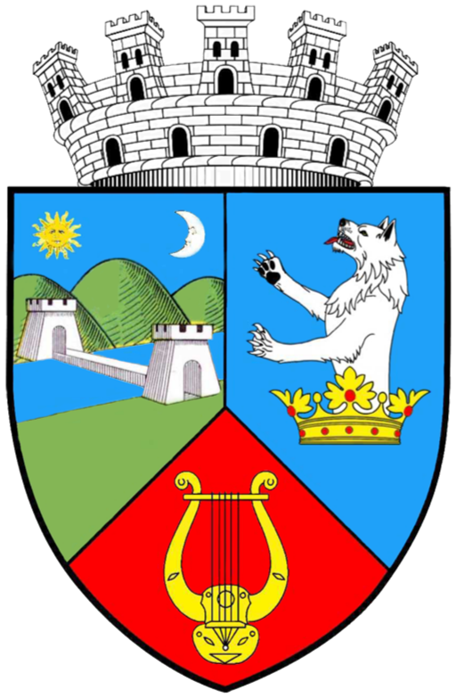 A coat of arms featuring a castle at the top, a landscape with a bridge, hills, the sun and moon, a wolf with a crown, and a golden lyre.