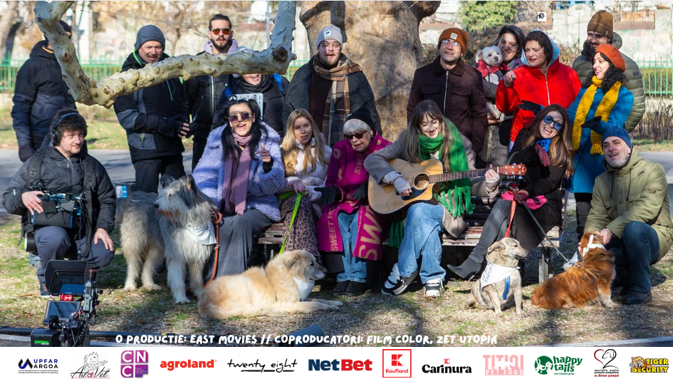 Group of people gathered outdoors in a park, some sitting on a bench, others standing, with dogs and a person playing guitar, under a large tree.