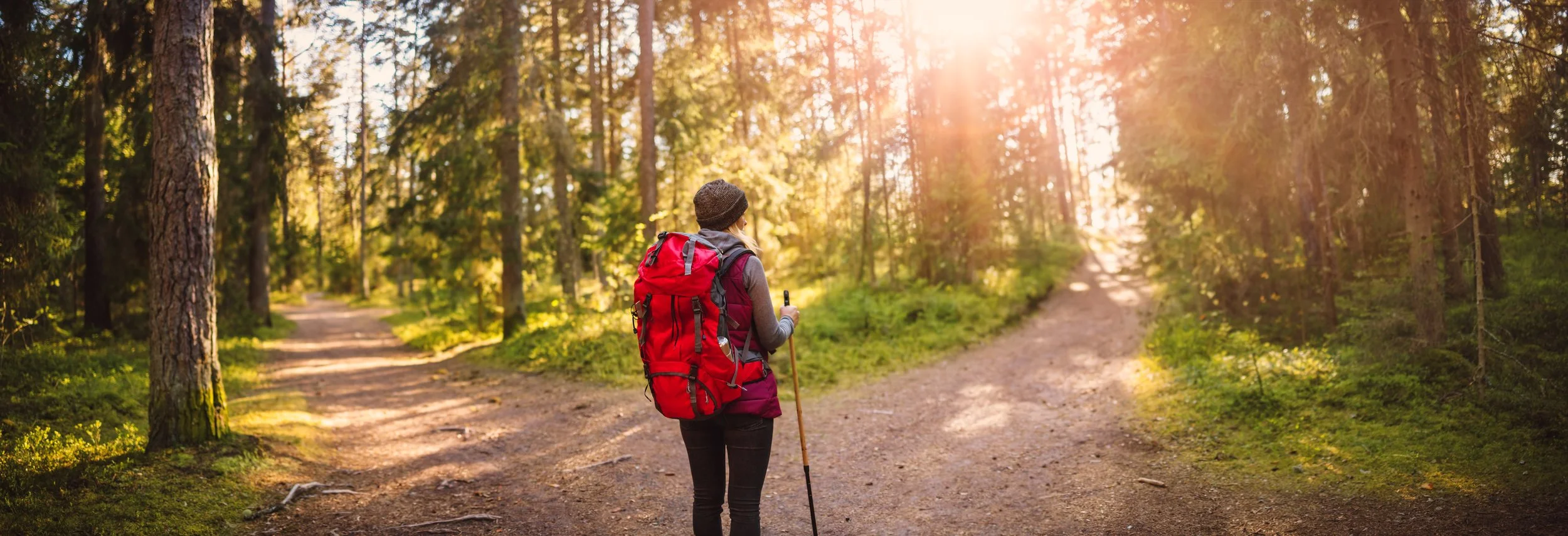 Frau mit Rucksack wandert auf einem Waldboden bei Sonnenuntergang.