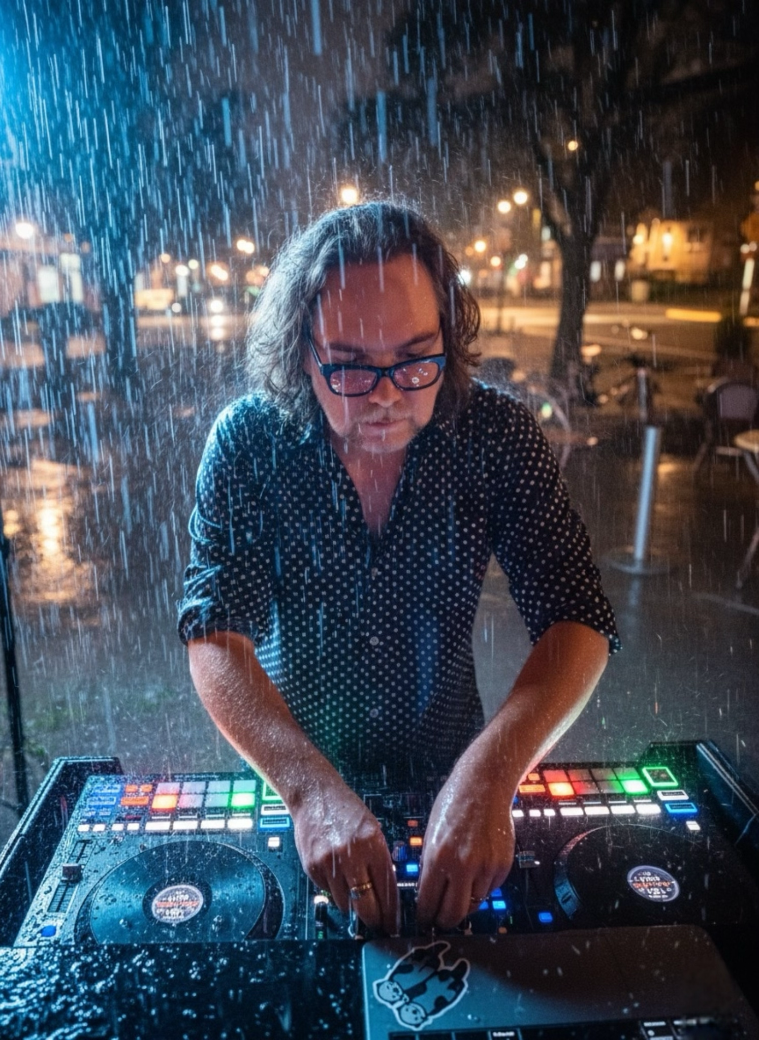 A man wearing glasses and a black polka dot shirt is DJing outdoors at night during a rainstorm, surrounded by colorful DJ equipment and illuminated by streetlights.