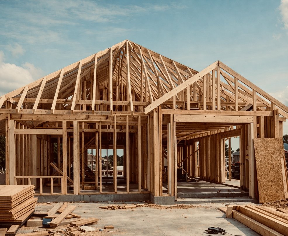A house under construction with exposed wooden framing, scaffolding around the building, and construction materials scattered on the ground.