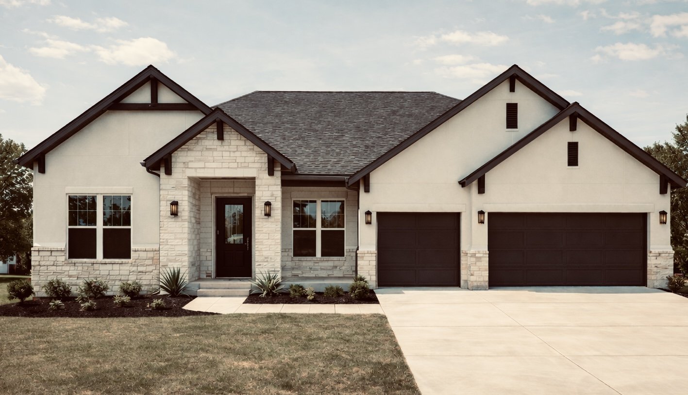 Modern two-story house with large windows, a garage, a stone accent wall, and landscaped front yard with trees and shrubs.