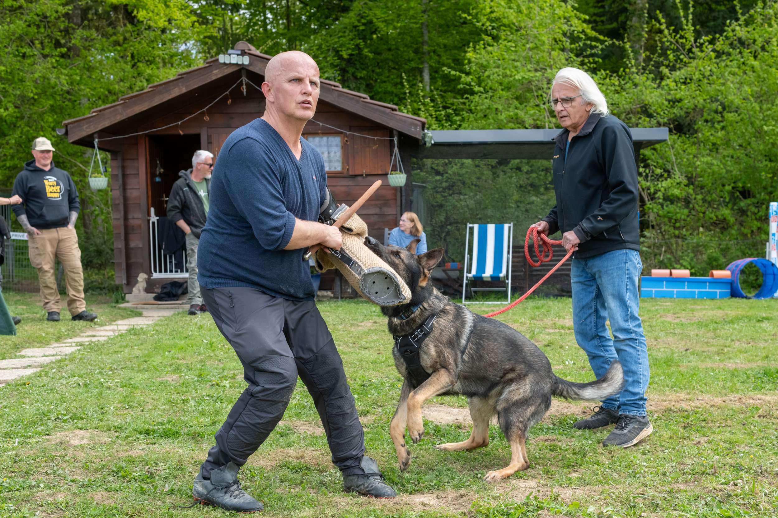 Un homme entraînant un chien à la garde ou la défense lors d'une séance en plein air, avec plusieurs personnes en arrière-plan devant une petite maison en bois, entouré d'arbres verts.
