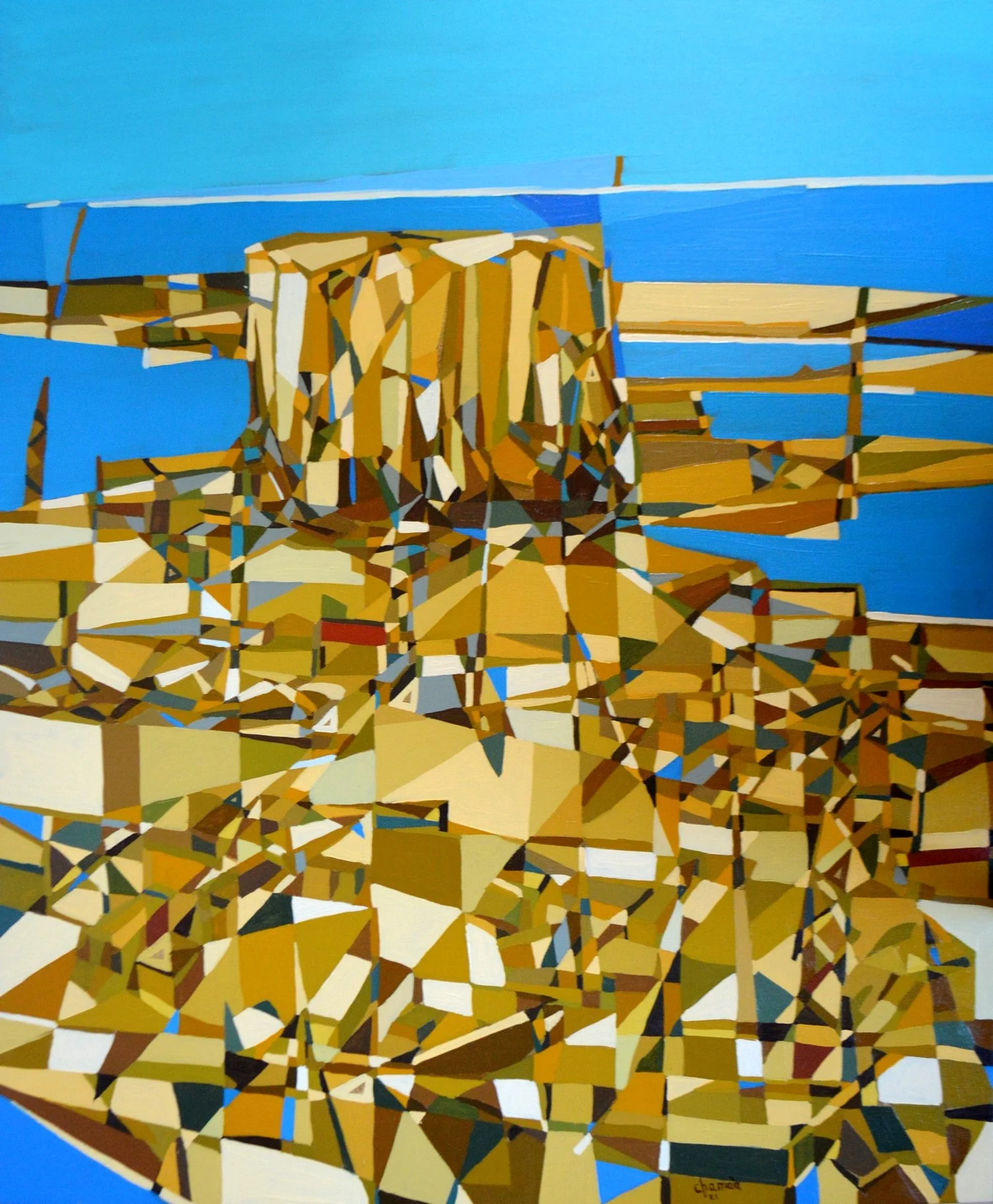 ARTISTIC TECHNIQUE & VISION — Chamaa's fluid, expressive abstraction draws on Modernism, Impressionism, Fauvism and Cubism. Each canvas begins as a watercolor-style wash that sets the work's emotional tone, then builds in heavy oils accented with acr