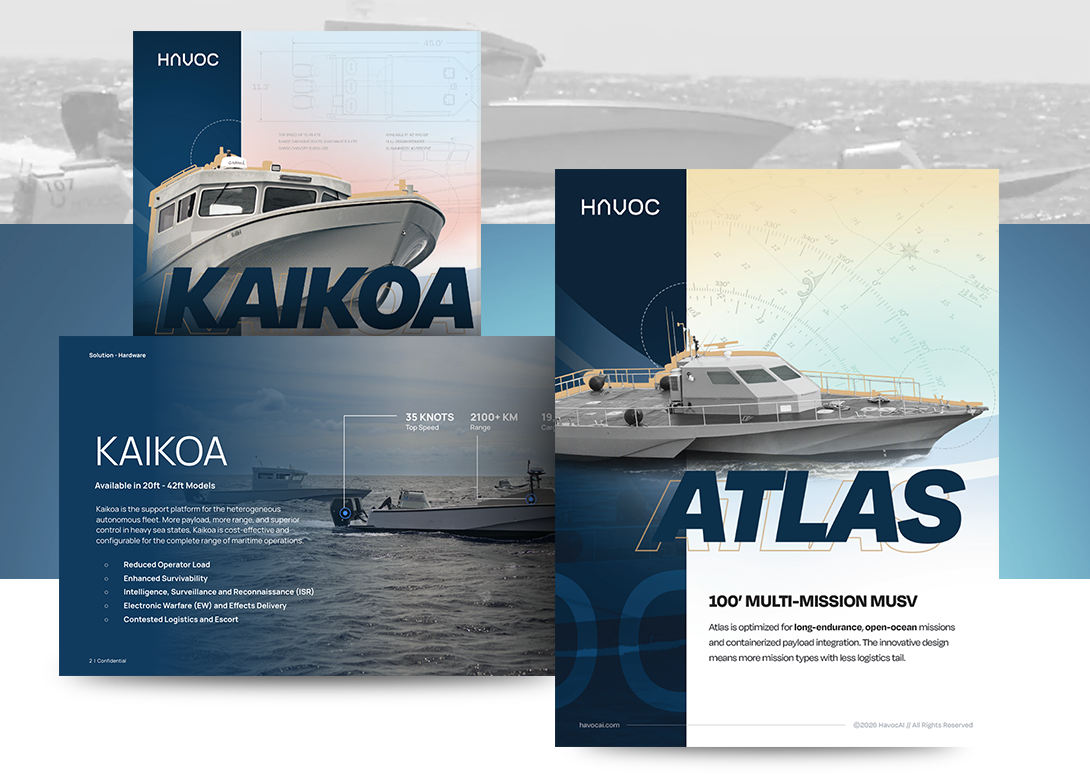 Three computer cover pages displaying ships and maritime technology, featuring detailed diagrams and specifications for Kaikoa and Atlas models.