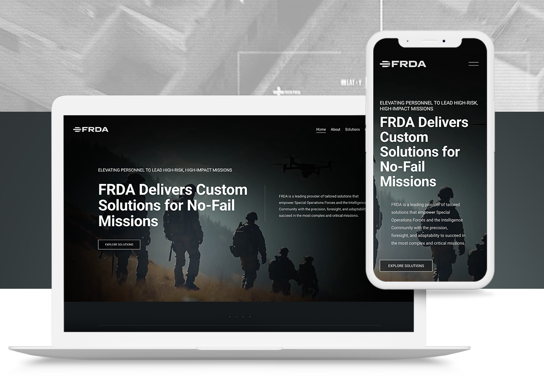 Website displayed on laptop and smartphone screens for FRDA, a company providing tailored solutions for high-risk, high-impact missions, with a background image of soldiers and a drone.
