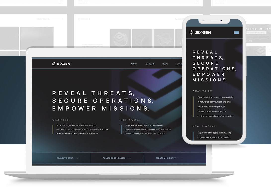 Laptop and smartphone displaying the Sixgen website with a dark theme, featuring the tagline "Reveal threats, secure operations, empower missions" and sections about what they do and how they work.