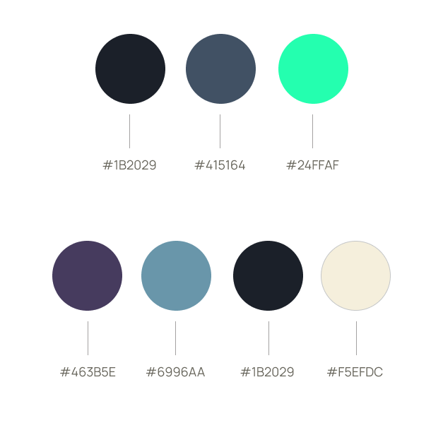 A color palette with six circles in two rows, displaying hex color codes underneath each circle.