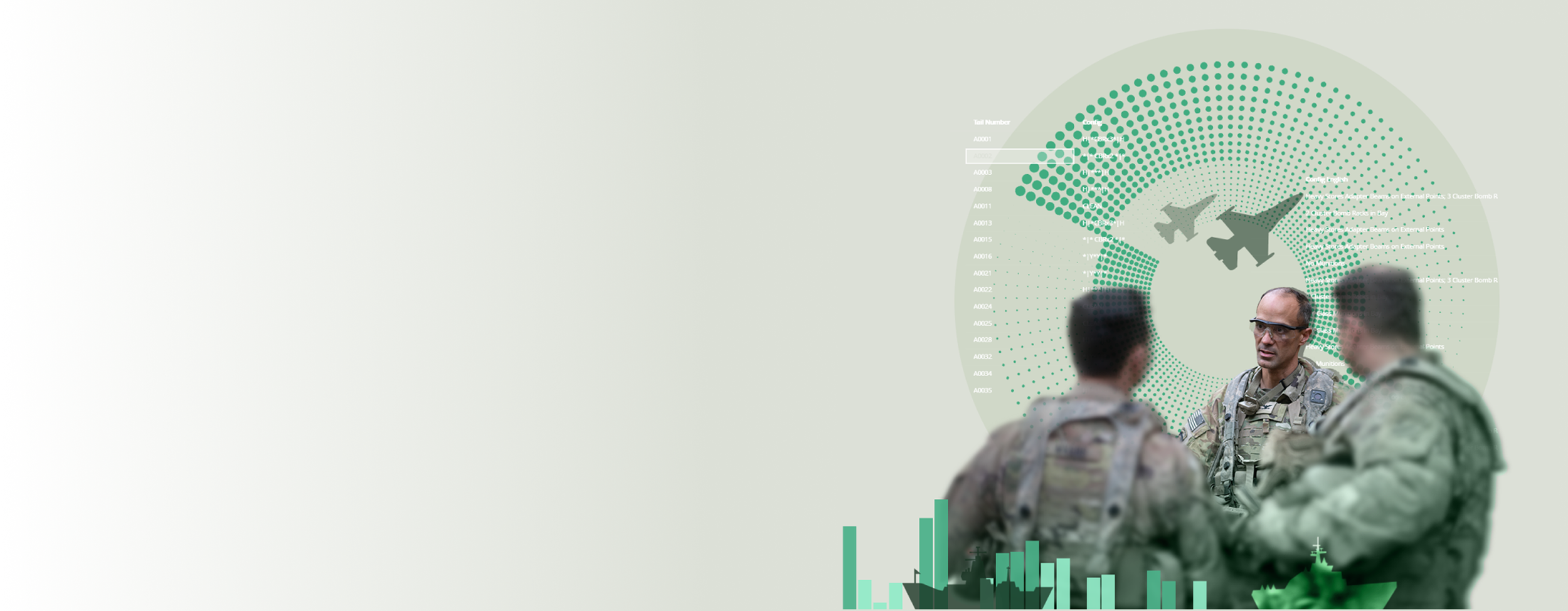 Three soldiers in uniform having a discussion in front of a digital military infographic showing aircraft and various data points.