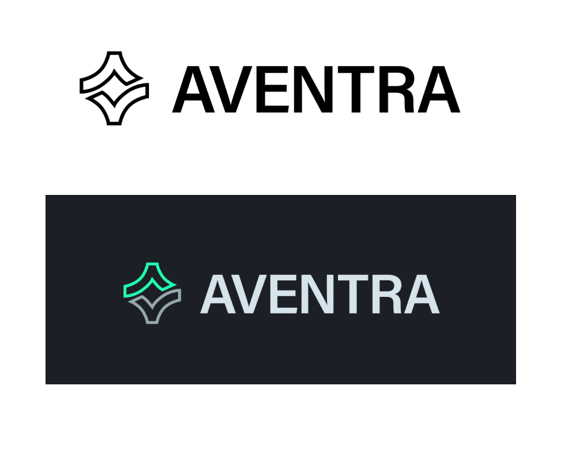Comparison of two logo designs for AVENTRA, featuring a stylized star symbol and the text 'AVENTRA' in black and gray, on light and dark backgrounds.