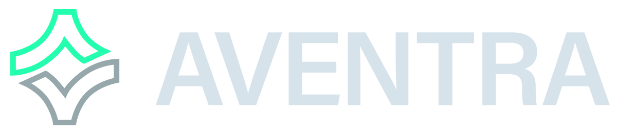 A logo with a stylized mountain icon and the word 'AVENTRA' in gray capital letters.
