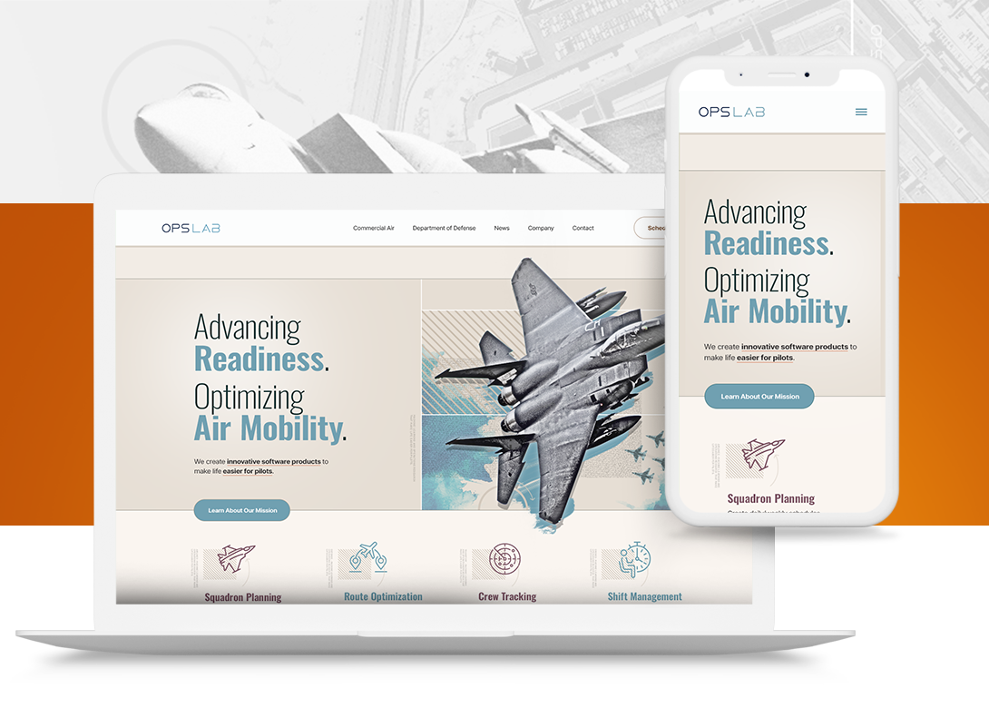 A digital graphic depicting a fighter jet, a smartphone, and a laptop screen showing a website for OPS-LAB, a company specializing in air mobility software.