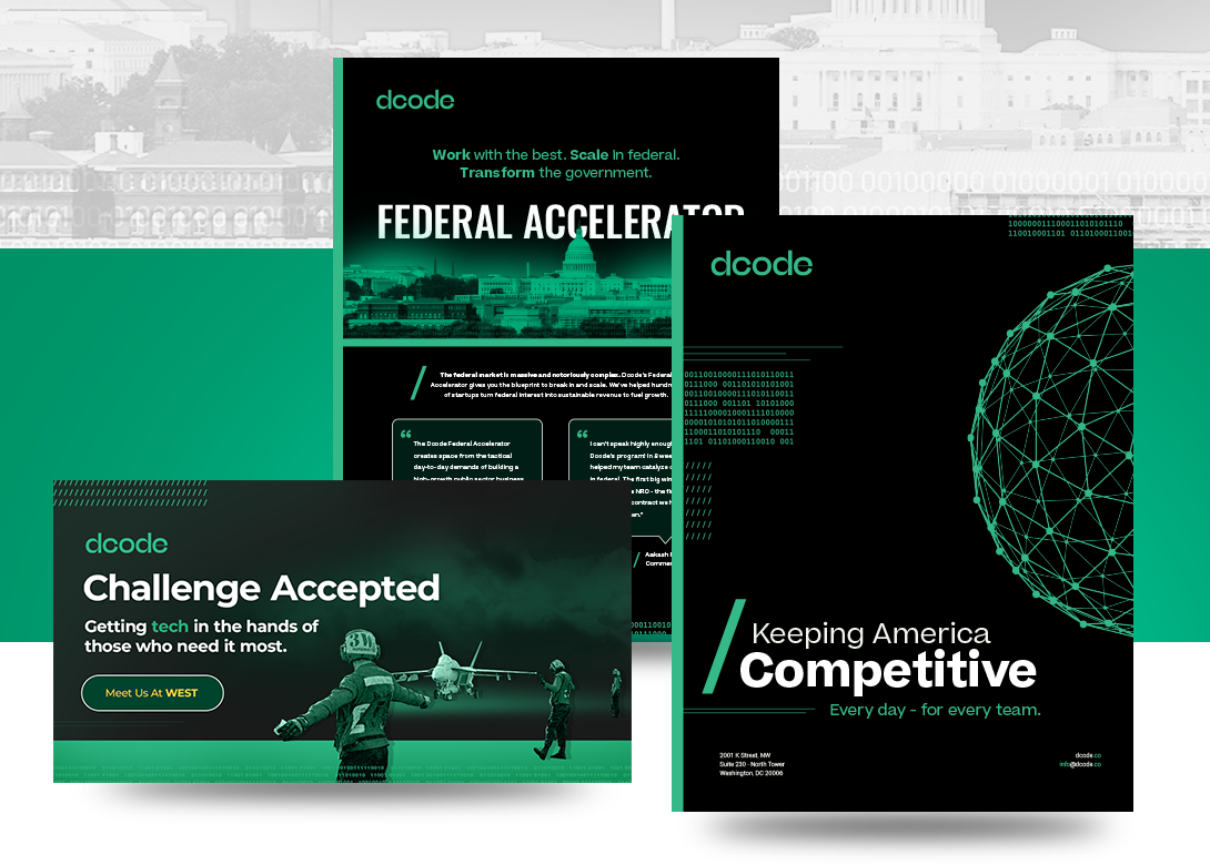 Three digital posters from Dcode featuring themes of technology, innovation, and government, with images of a cityscape, a digital globe, and military personnel.
