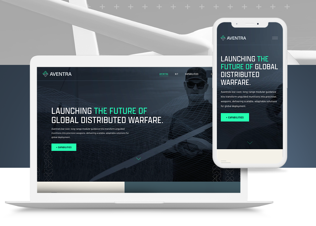 Laptop and smartphone displaying a website for AVENTRA with the text "Launching the future of global distributed warfare" and a man wearing sunglasses in the background.