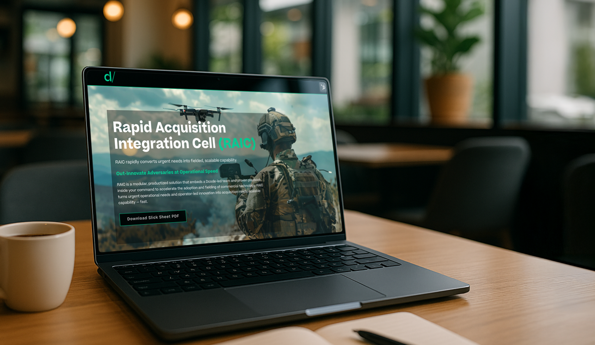 Laptop displaying a webpage about Rapid Acquisition Integration Cell (RAIC), with a soldier and drone in the background.